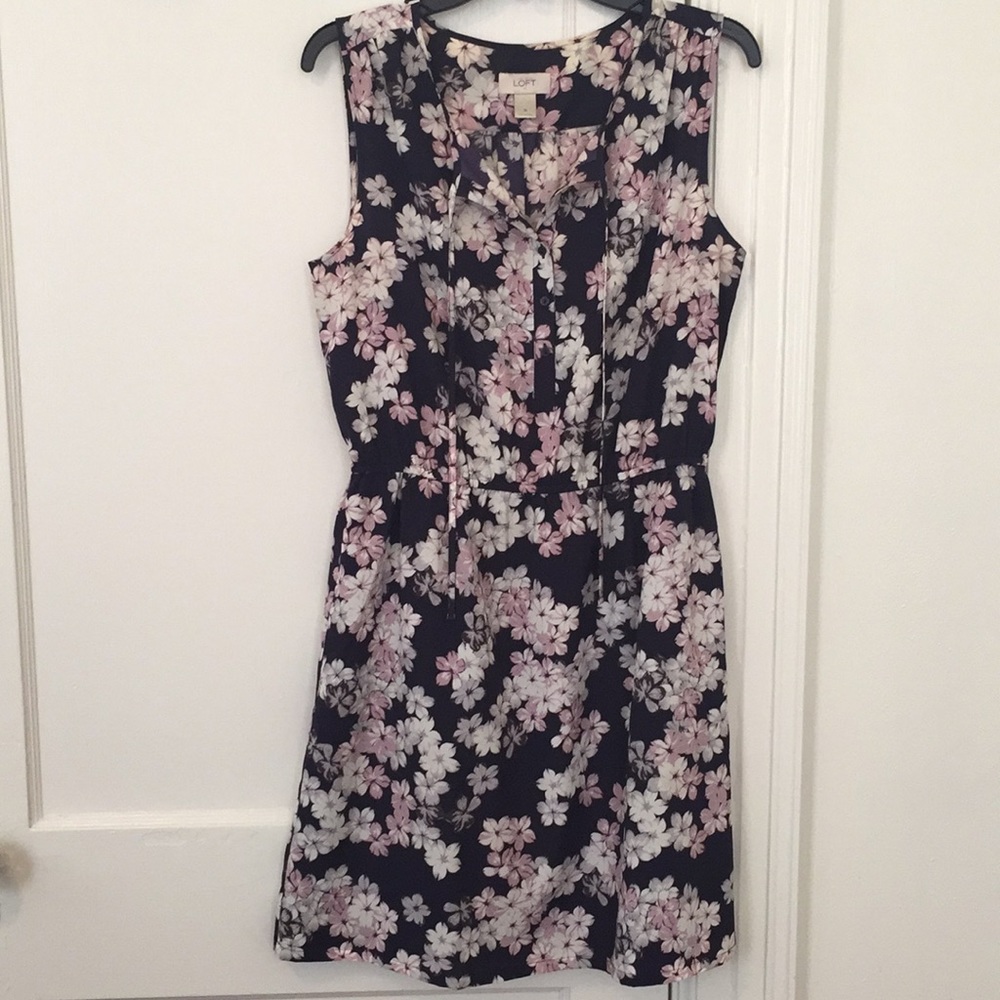LOFT Navy Pink Floral Sleeveless Dress M